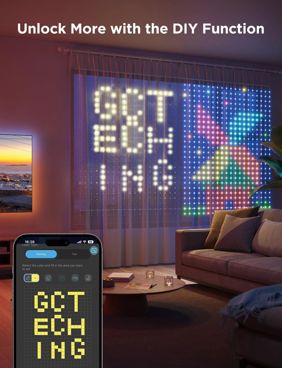GCTECHING 400 LED RGB Akıllı Perde Işık – Bluetooth Kontrollü, Müzik Senkron Efektli, USB Bağlantısı